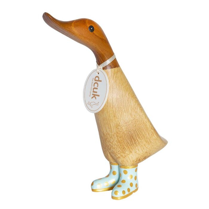 DCUK Natural Finish Duckling with Pastel and Gold Spotty Welly Boots-Duck Egg Blue-1